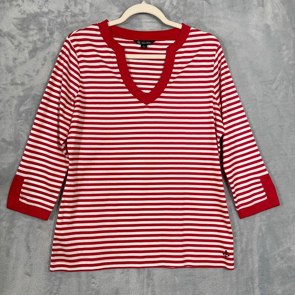 Brooks Brothers Womens Top L Red White Striped V-Neck 3/4 Sleeve Preppy Nautical